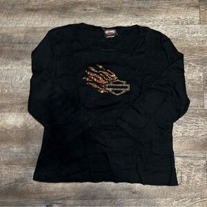 Y2K Harley Davidson Black Long Sleeve Shirt with Flame Design Rhinestones‎